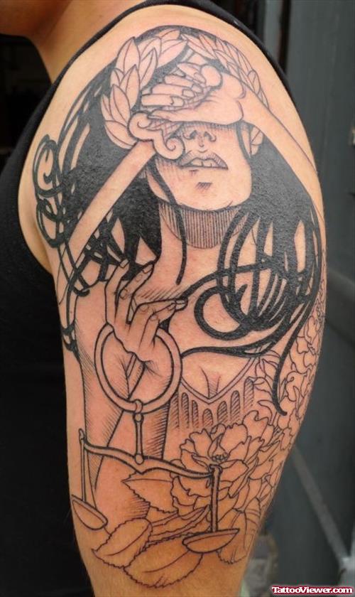 Justice Tattoo On Left Half Sleeve