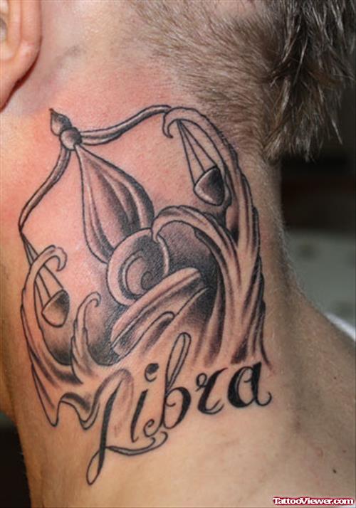 Grey Ink Libra Justice Tattoo On Neck