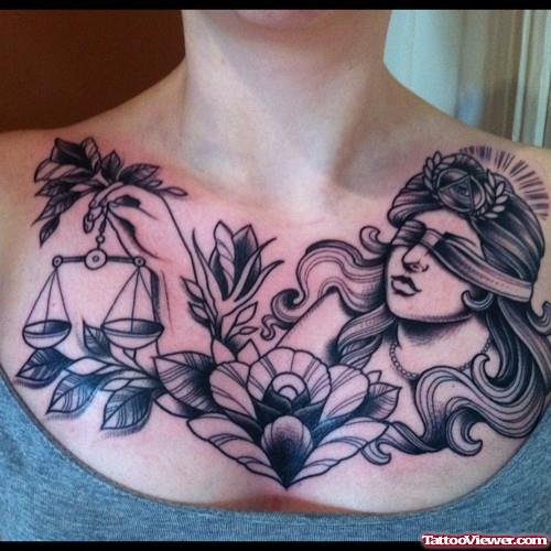 Grey Ink Justice Tattoo On Chest For Girls