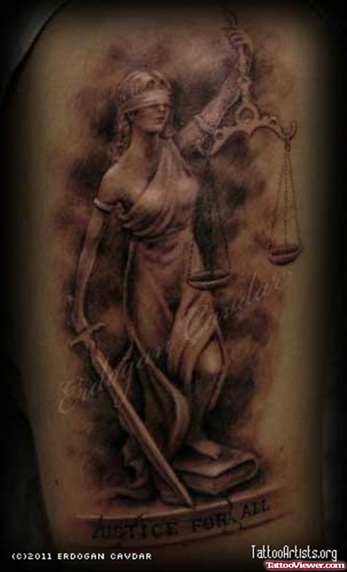 Awesome Grey Ink Justice Tattoo On Right Half Sleeve