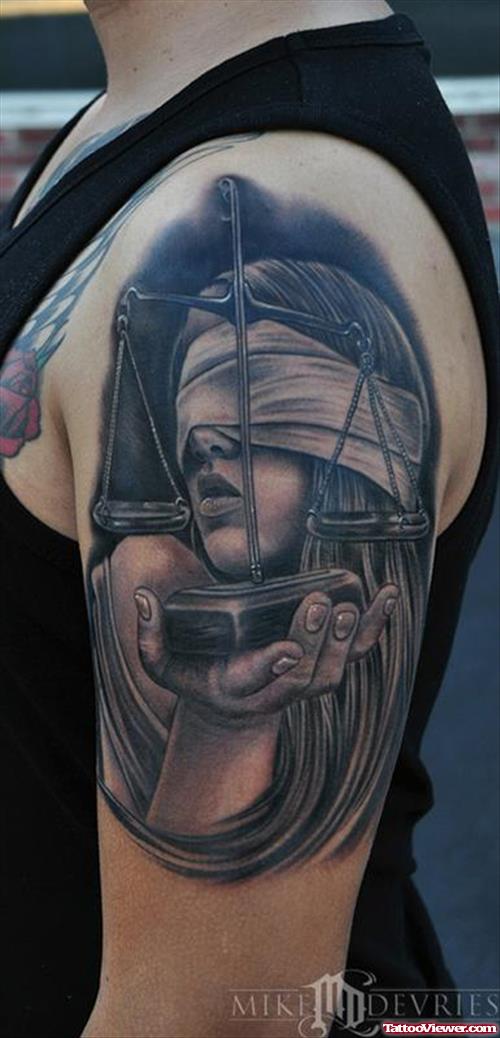 Amazing Grey Ink Justice Girl Tattoo On Left Half Sleeve