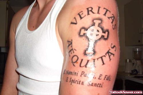 Veritas Aequitas Justice Tattoo On Left Shoulder