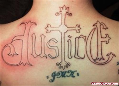 Outline Justice Tattoo On Upperback