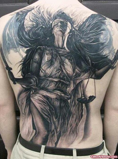 Amazing Grey Ink Justice Tattoo On Back Body