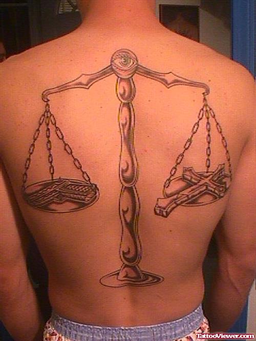 Grey Ink Balance Justice Tattoo On Back Body