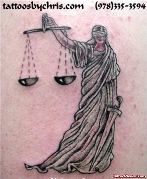 Awesome Grey Ink Blind Lady Justice Tattoo