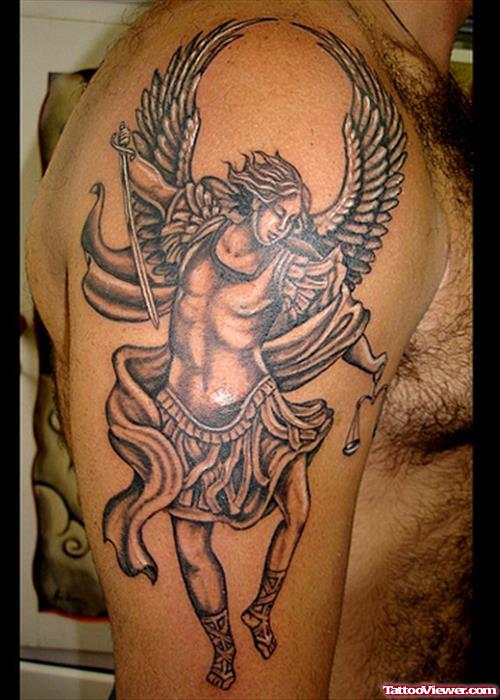 Angel Justice Tattoo On Man Right Half Sleeve