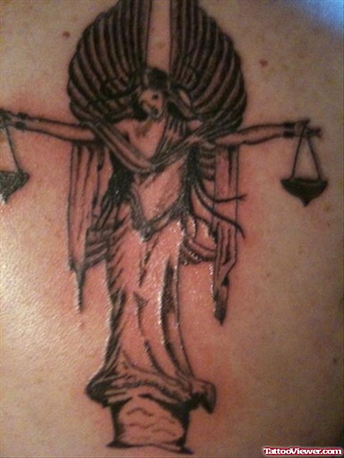 Grey Ink Lady Justice Tattoo On Back