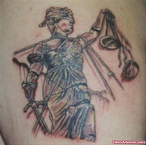Awesome Grey Ink Justice Tattoo On Shoulder