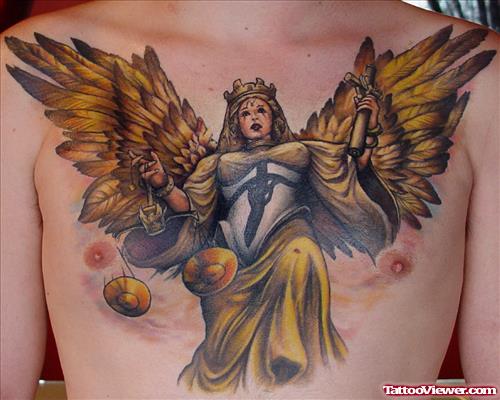 Awesome Color Ink Justice Tattoo On Man Chest