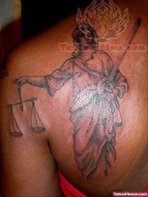 Lady Justice Tattoo On Back Shoulder
