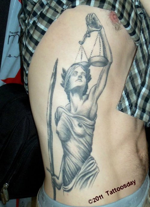 Amazing Grey Ink Justice Tattoo On Man Chest