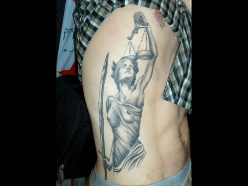 Awesome Grey Ink Justice Tattoo On Back