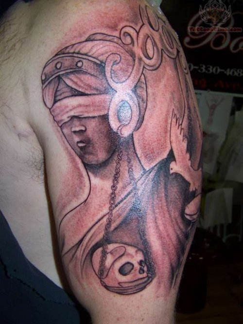 Blind Justice Tattoo On Left Half Sleeve
