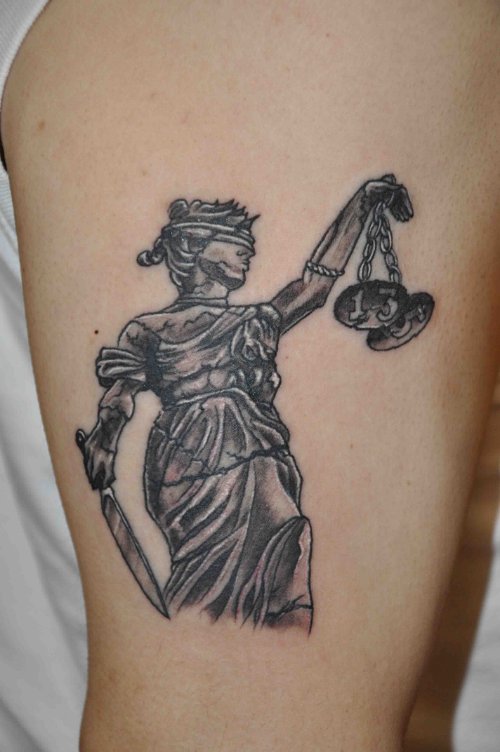 Attractive Grey Ink Justice Tattoo On Half Sleeve