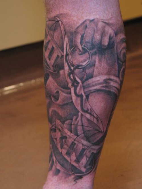 Best Grey Ink Justice Tattoo On Leg