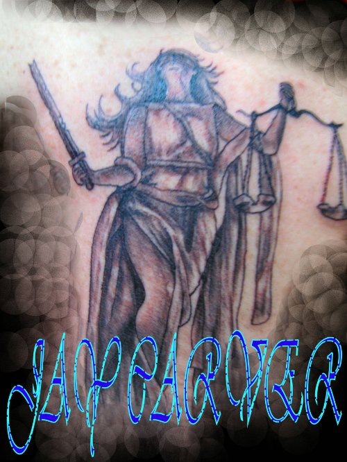 Amazing Grey Ink Justice Tattoo On Back