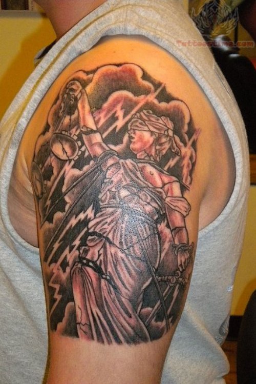 Left Shoulder Justice Tattoo For Men