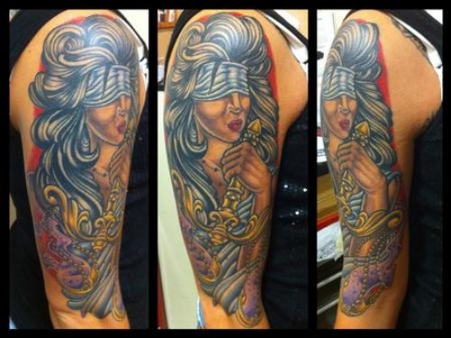 Blid Lady Justice Tattoo On Right Half Sleeve