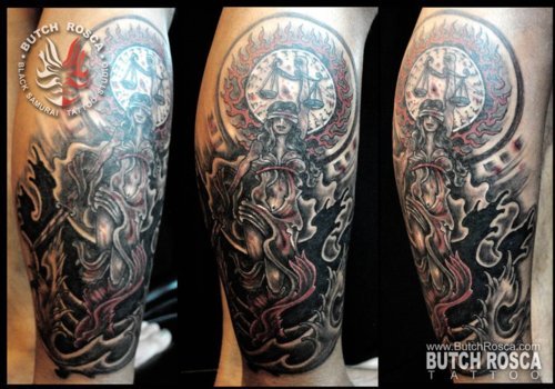 Beautiful Grey Ink Justice Tattoo On Leg