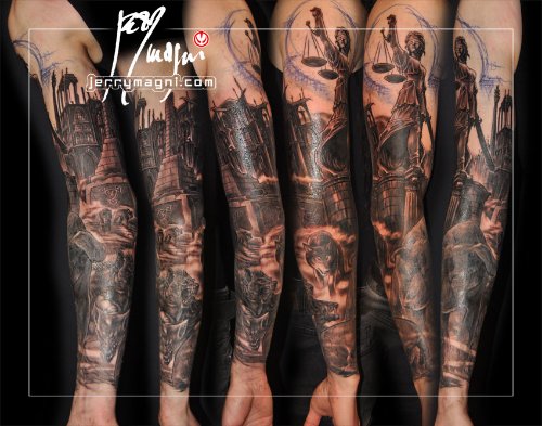 Amazing Grey Ink Justice Tattoo On Full Sleeve