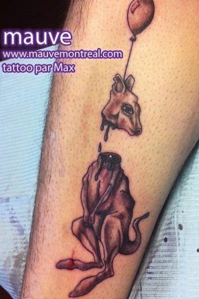Grey Ink Kangaroo Head Flying With Baloon Tattoo