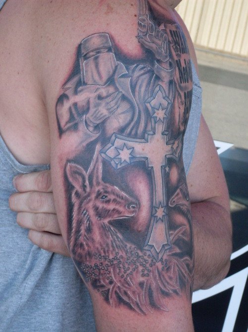 Awesome Grey Ink Kangaroo Tattoo On Right Sleeve