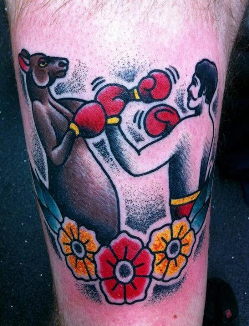 Color Flowers And Kangaroo Tattoo