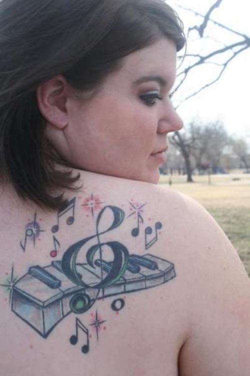 Amazing Grey Ink Keyboard Tattoo On Back Shoulder