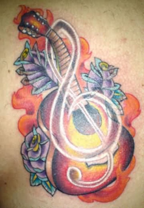 Color Flowers and Violen Key Keyboard Tattoo