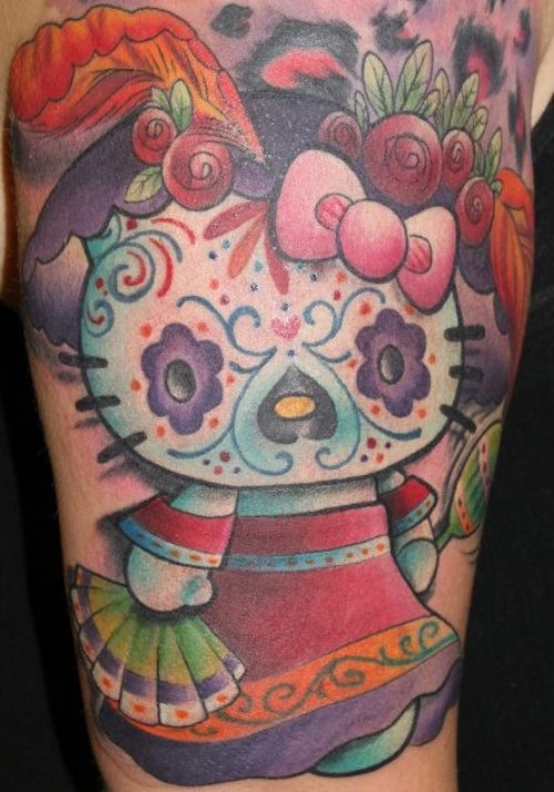 Coolored Hello Kitty Sugar Skull Tattoo
