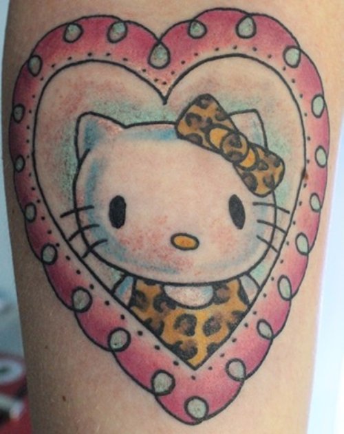 Pink Heart and Kitty Tattoo