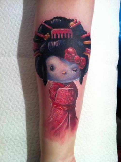 Amazing Colored Geisha Kitty Tattoo On Sleeve