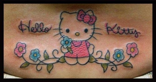 Color Flowers And Color Kitty Tattoo On Lowerback