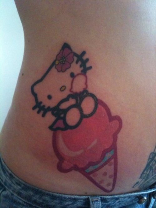 Color Ink Ice Cream And Kitty Tattoo On Side Rib