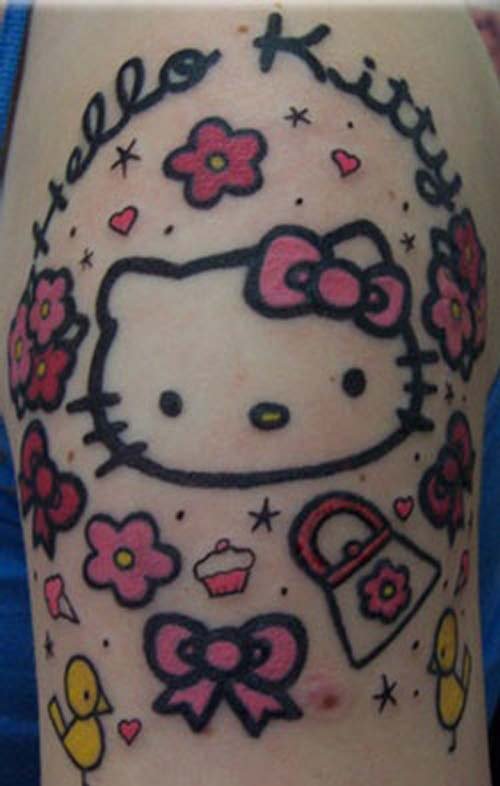 Color Flowers And Kitty Head Tattoo On Half Sleeve