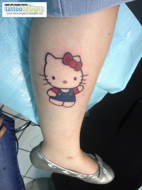 Color Ink Kitty Tattoo On Leg