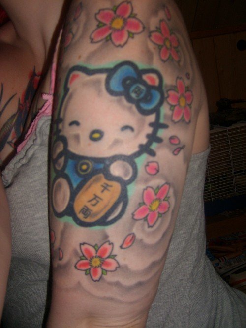 Cherry Blossom Flowers And Kitty Tattoo On Left Half Sleeve