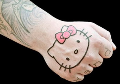 Outline Kitty Head Tattoo On Right Hand