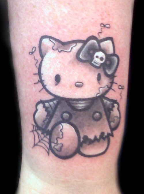 Grey Ink Kitty Tattoo On Arm