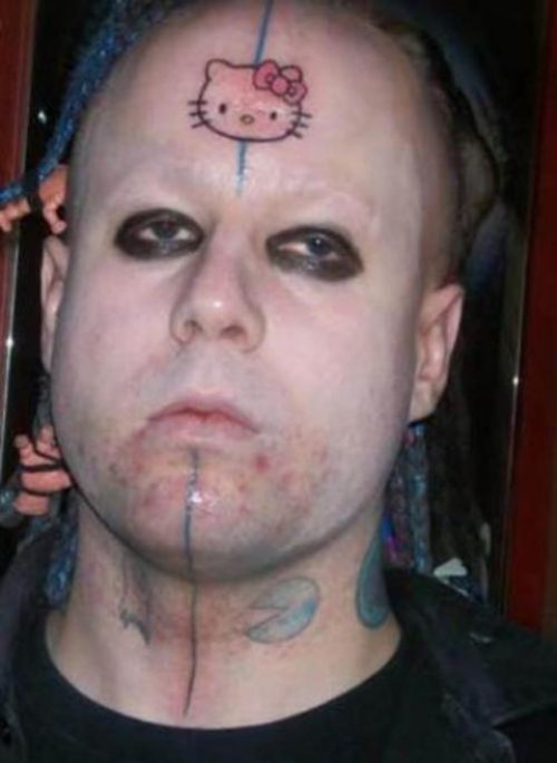 Kitty Head Tattoo On Man Forehead