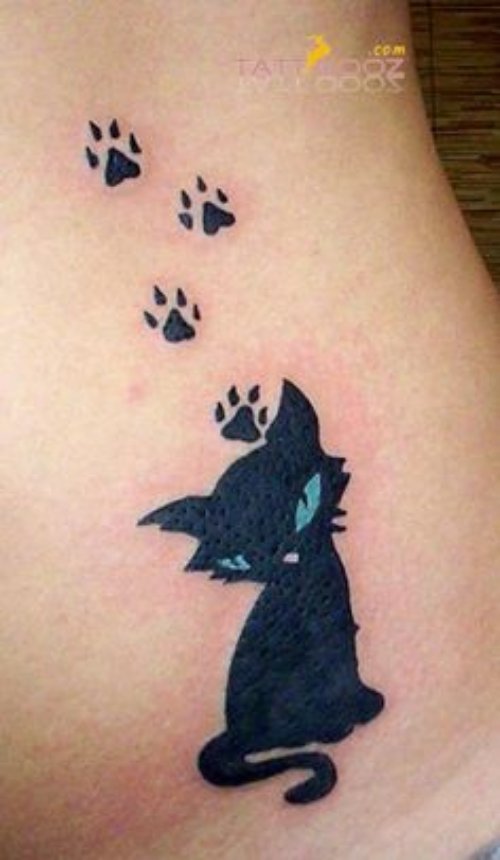 Blue Eyes Kitty Head And Paw Prints Tattoo