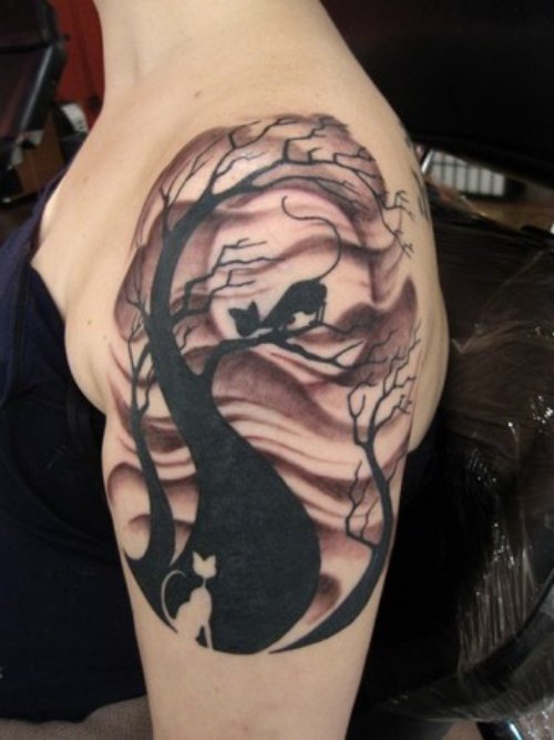 Black Tree And Black Cat Tattoo On Left Half Sleeve