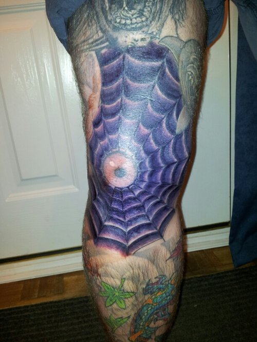 Purple Ink Spider Web Tattoo On Knee
