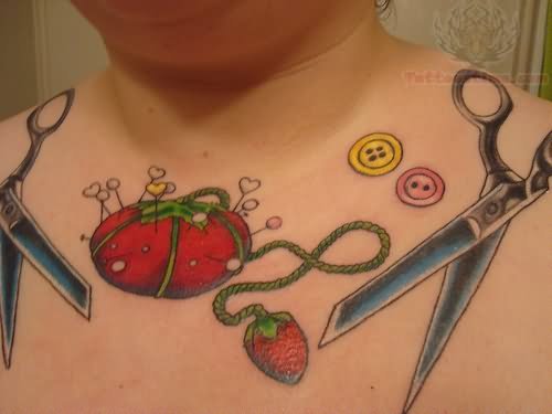Scissors And Button Knitting Tattoos On Collarbone