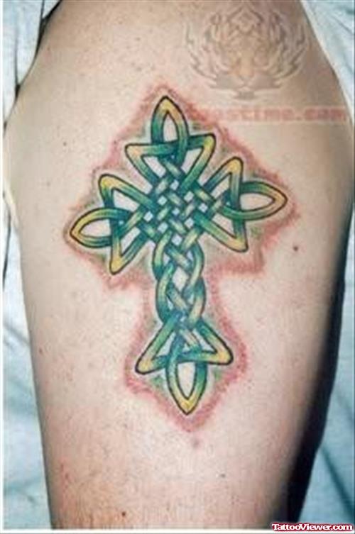 Green Cross Knot Tattoo On Shoulder