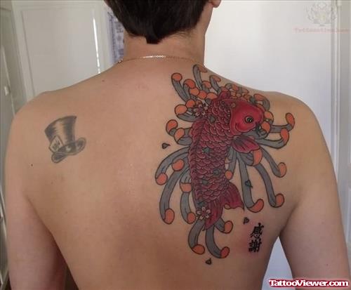 Asian Color Ink Koi Fish Tattoo On Back Shoulder