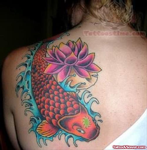 Lotus Flower And Koi Tattoo On Back