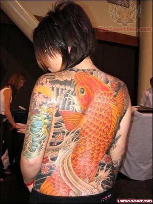 Orange Koi Fish Tattoo On Back