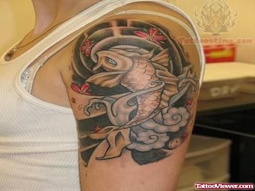 Black Koi Fish Tattoo On Shoulder